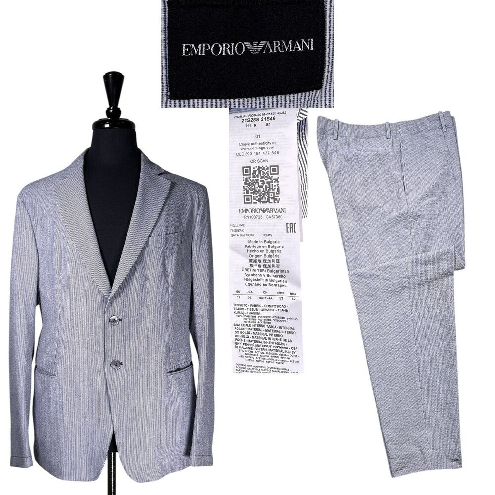Emporio Armani Seersucker Mens Suit EU 52 US 42R 38x31 Blue White Stripe 2Pc
